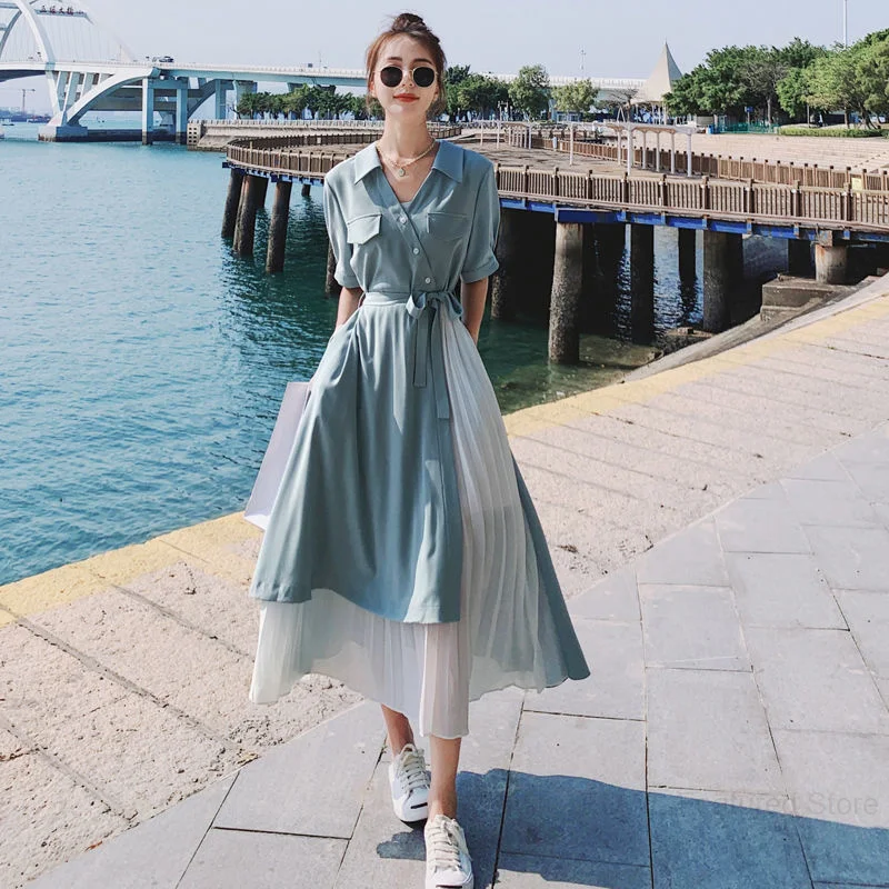 

Original Design Dress Chiffon Stitching Female Summer French Irregular Qualities Hepburn Style Casual Long Skirt Vacation Women