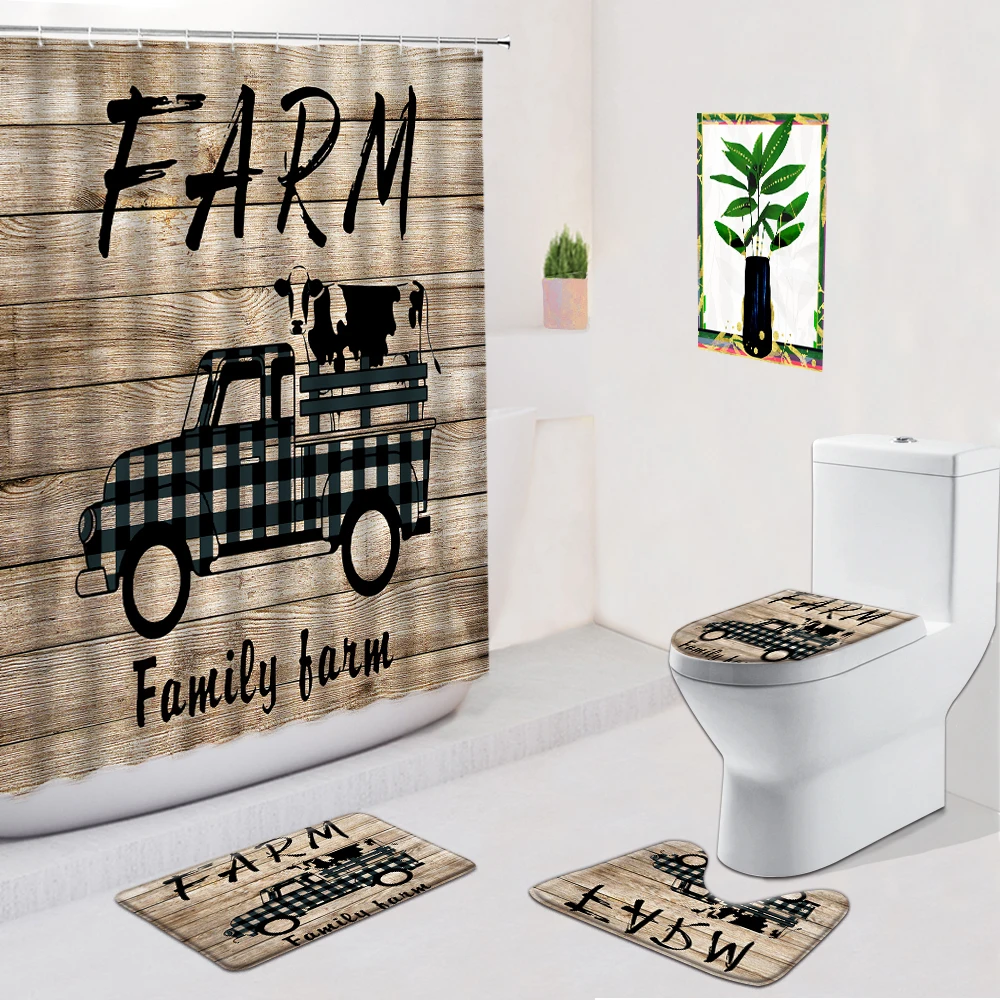 

Cow Bathroom Set Shower Curtain Green Farm Rural Scenery Animal Flannel Non-Slip Carpet Bath Mats Toilet Cover Cushion Foot Pad