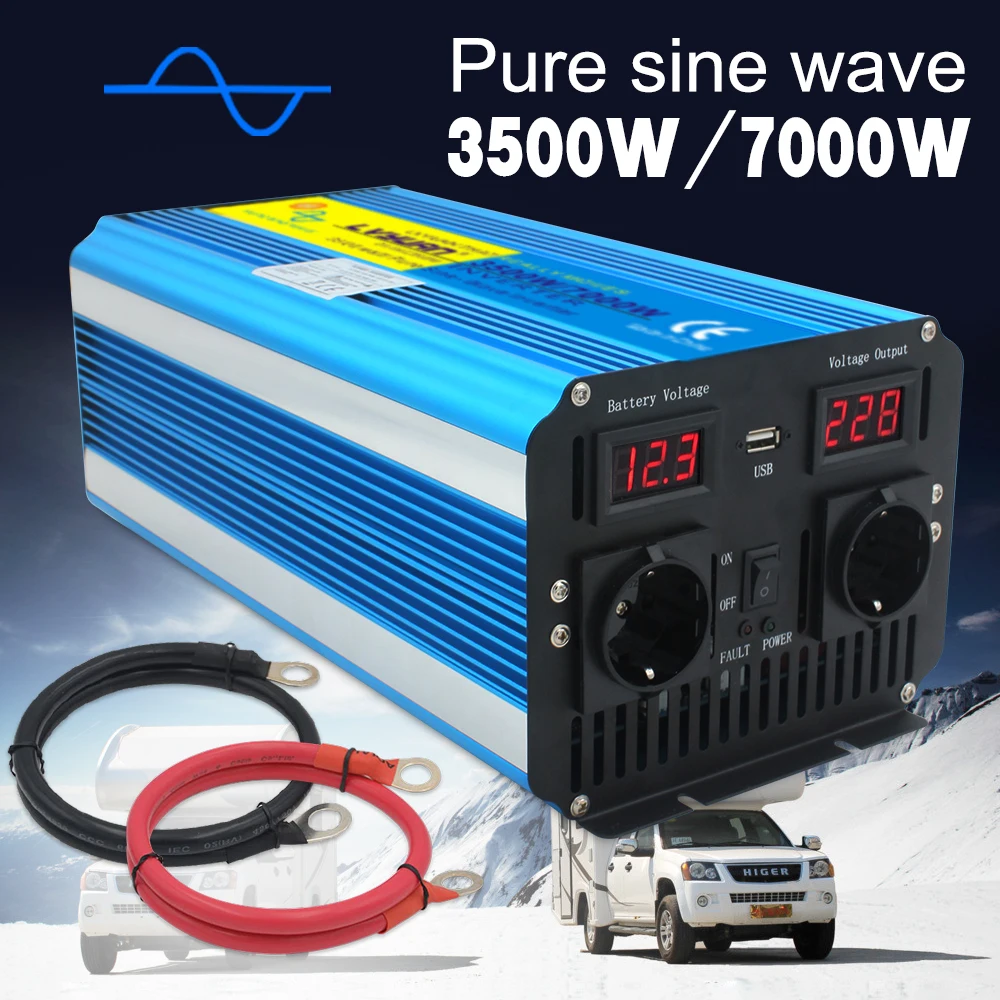 Pure Sine Wave Power Inverter 7000W 12V/24V 220V 50HZ/60HZ  Auto Inversor High Frequency LED Display USB Charging Dual EU Socket