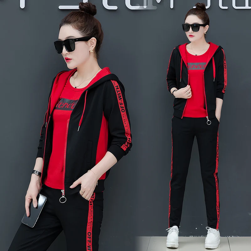 

Student Running Sweater Plus Size Three Piece Sets Autumn Loose Korean Sports Woman Set Green Orange Red Black Clothes