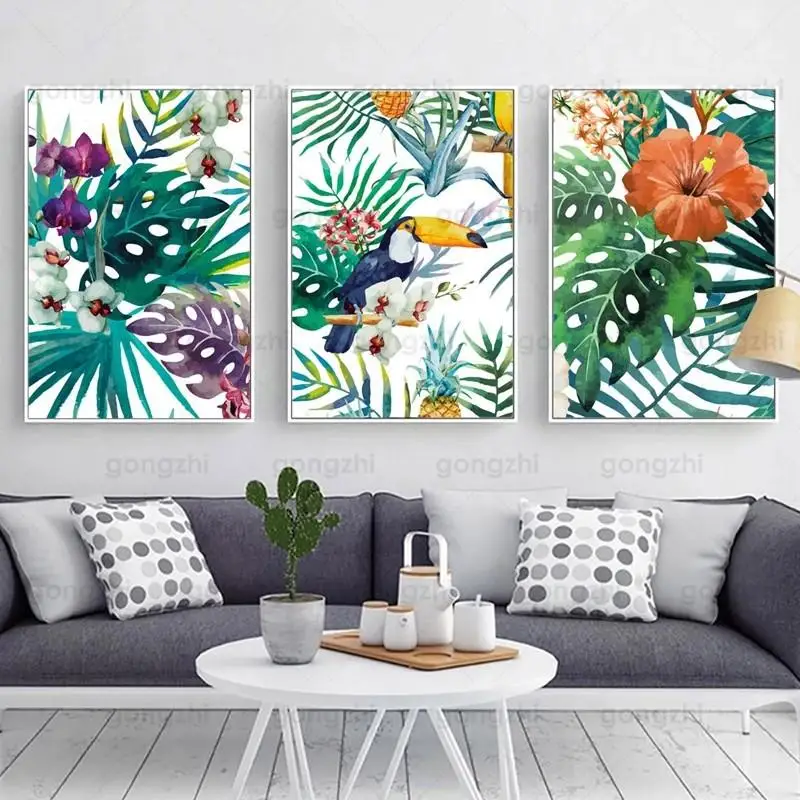 

Nordic Minimalist Canvas Tropical Hornbill Flower Leaves Natural Landscape Wall Art Decor Printing Living Room Home Cafe Decor