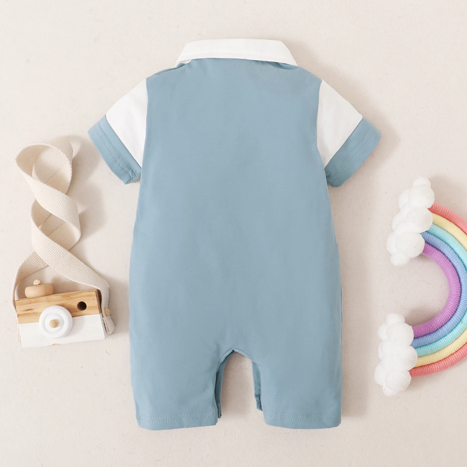 

2021-03-19 Lioraitiin 0-24M Summer Infant Baby Boys Letter Print Romper Tie Short Sleeve Jumpsuit Pocket Patchwork Clothes