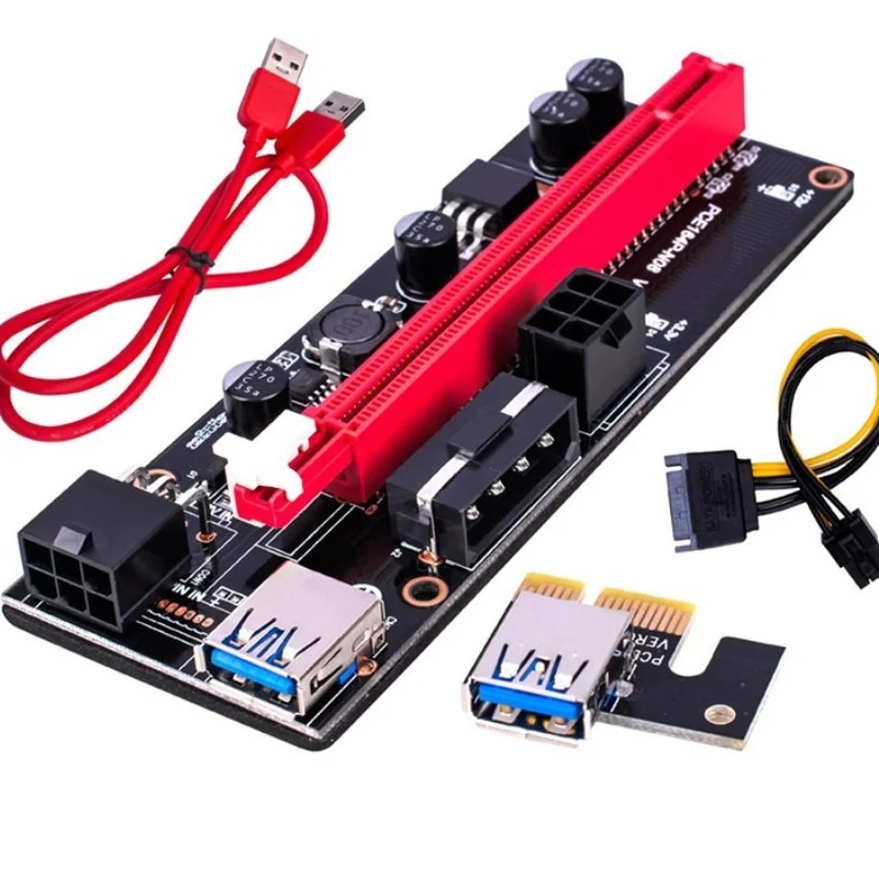 

New PCI-E Pcie Riser 009 Express 1X 4x 8x 16x Extender PCI E USB Riser 009S GPU Dual 6Pin Adapter Card SATA 15pin for BTC Miner