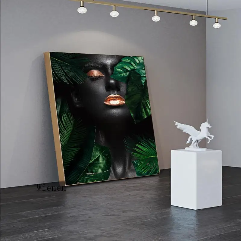 

Modern Fashion Sexy Girl with Leaf Paintings Print On Canvas Art Posters Wall Pictures for Living Room Home Decor No Frame