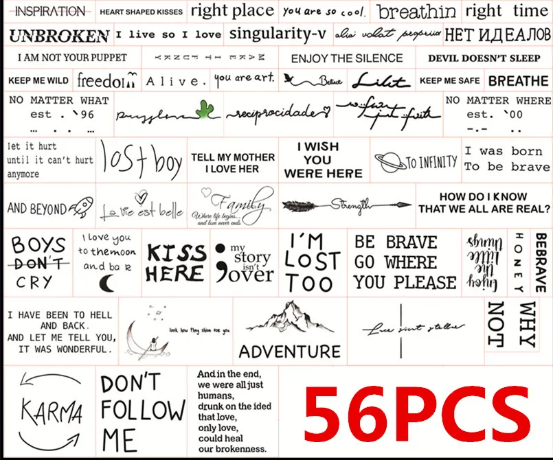 

56Sheet Waterproof Temporary Tattoo Sticker Black Devil English Letters Tatoo Fake Tatto Neck Wrist For Woman Men