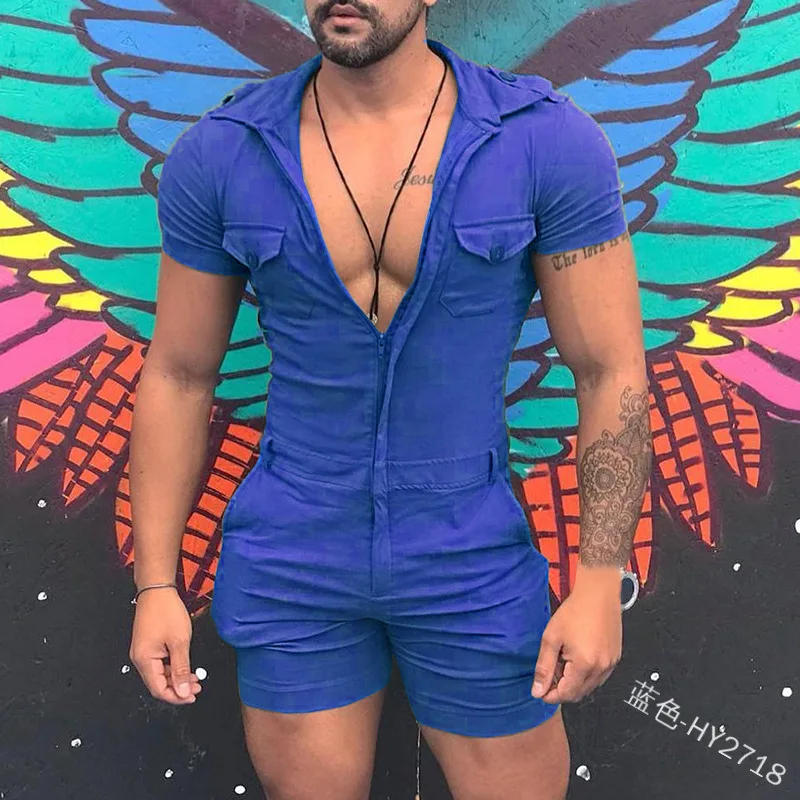 

Wepbel One-Piece Shorts Solid Color Work Outfit Slim-Fit Zipper Man Jumpsuits Tooling Integrated Short Pants Jumpsuits
