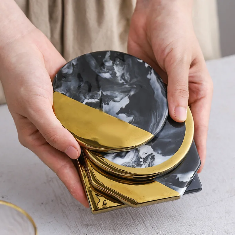 2Pcs Nordic Marble Coaster Ceramic Coasters Black &amp Gold Non-slip Insulation Mat Round Square Octagon Cup Home Table Decor | Дом и сад