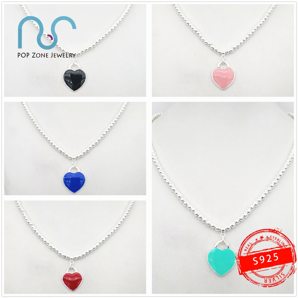 

S925 Sterling Silver Necklace Enamel Heart Round bead chain 4mm Necklace Luxury Fashion Fine Jewelry Female Lovers Holiday Gift