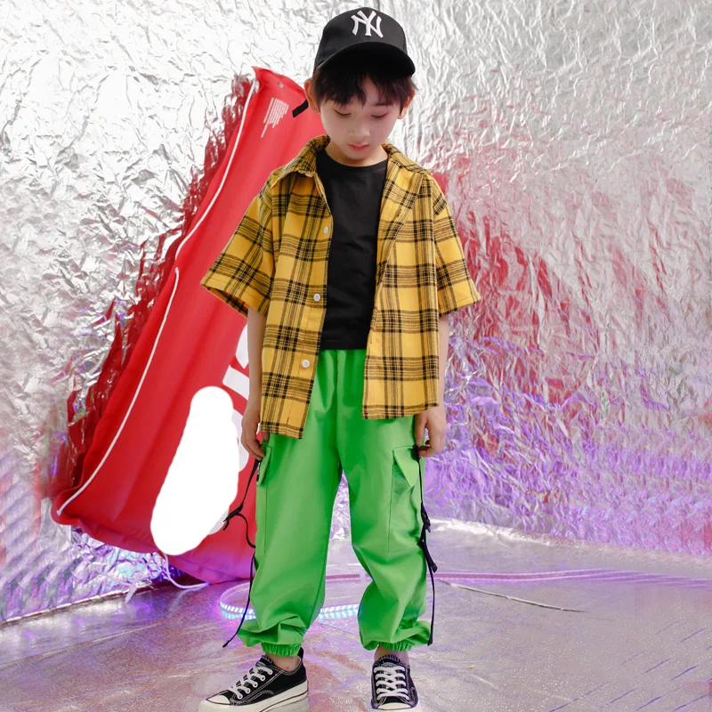 

Kid Hip Hop Clothing Color grid T Shirt Top Casual Shorts Girls Boys Jazz Dancewear Costume Ballroom Dancing Stagewear Clothes