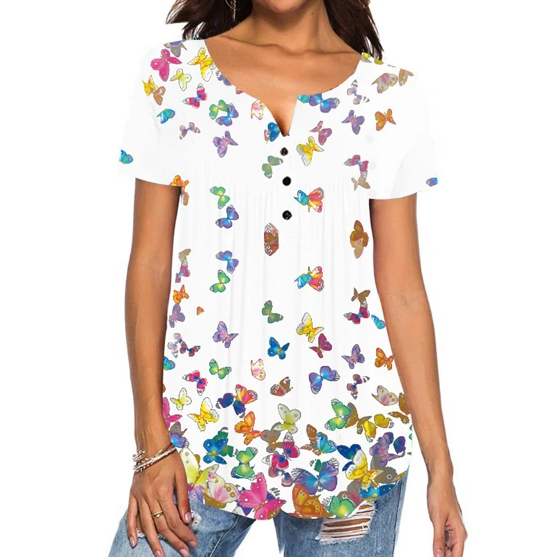 

New Colorful Butterfly Print Women T-Shirt Button V Neck Women Shirts Short Sleeve Tees Summer T Shirt Women TShirt