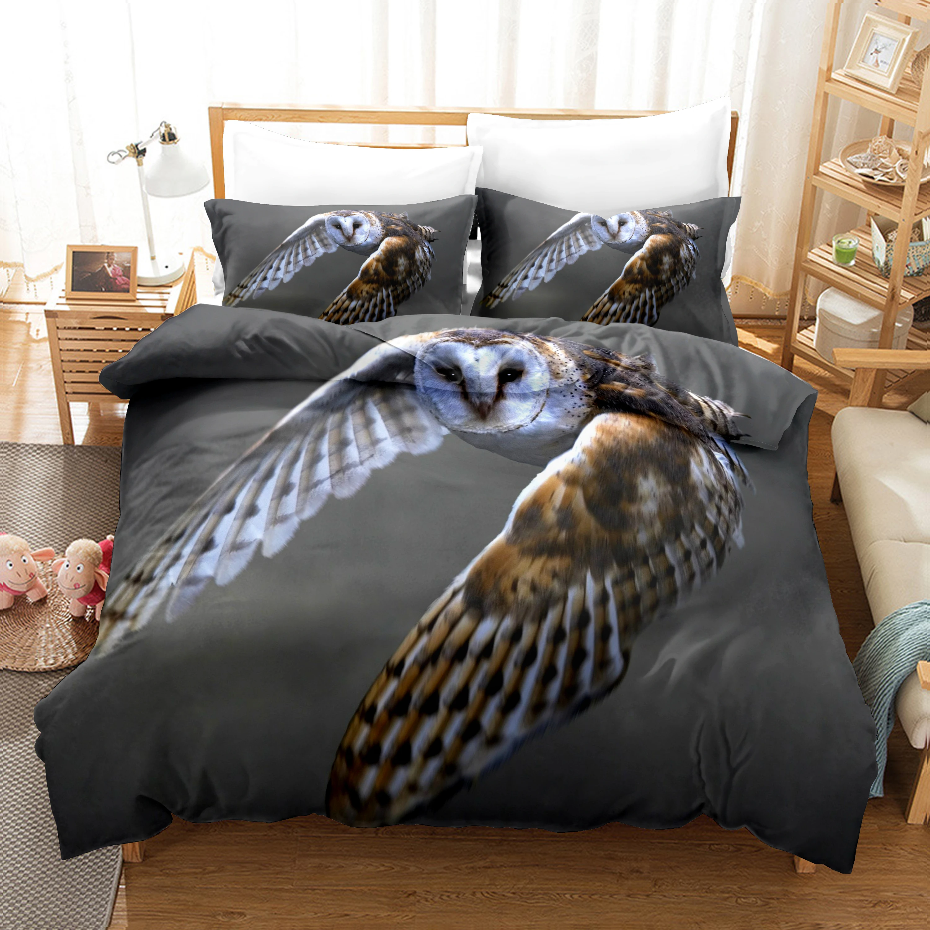 

Owl Linens Bed 3D Gray Quilt Cover Sets and Pillow Covers Full Double Single Twin Queen King Size 180*200cm Animal Beddings