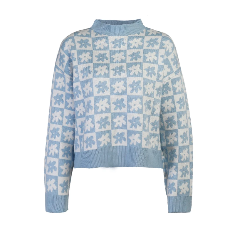 

Beyouare Preppy Style Women Sweater Panelled Floral Print O Neck Long Sleeve Loose Pullover 2021 Autumn Sweet Casual Elegant Top