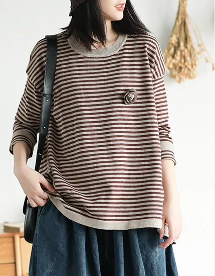 Женский трикотажный свитер в полоску Свободный пуловер с круглым вырезом и