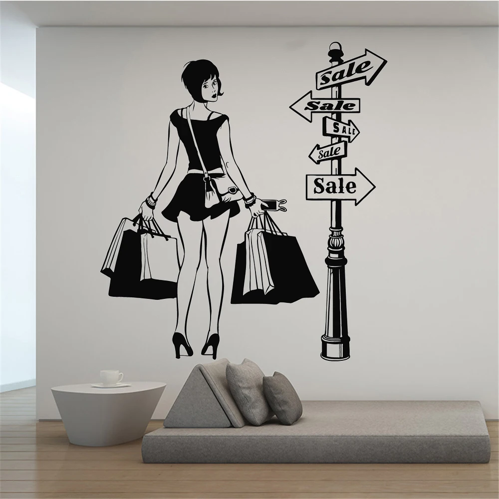 

Wall Decals Girl Shopping Discount Sale Clothing Shop Store Decor Stickers Vinyl Bedroom Livingroom Decoration Mural DW21181