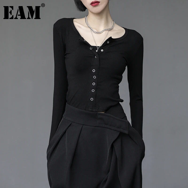 

[EAM] Women Black Irregular Button Slim Casual T-shirt New Round Neck Long Sleeve Fashion Tide Spring Autumn 2021 1DE2005