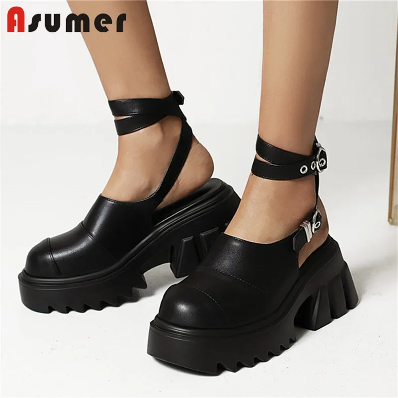 

Asumer Hot Sale Gladiator Shoes Women Pumps Pu Ankle Buckle Summer Fashion Punk Casual Shoes Women High Heel Platform Shoes