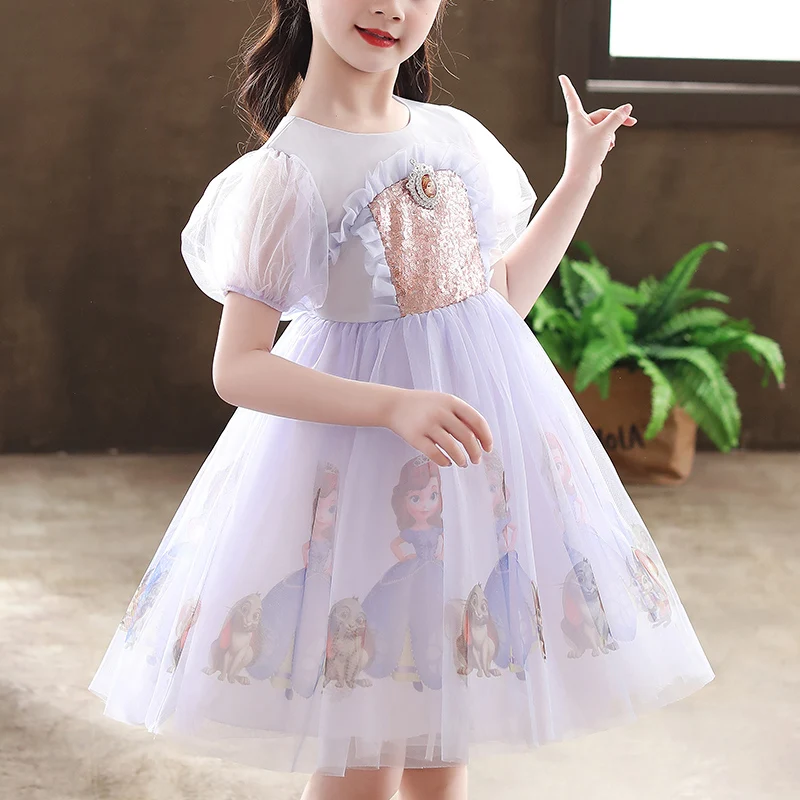 

Girls Party Dresses Casual Gown Princess Fantasy Summer Puff Sleeve Sequined Lace Children Tutu Holiday Elegant Dress Costumes