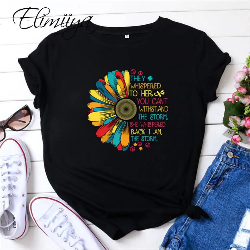 

Elimiiya Woman Tshirts Cotton Sunflower Letter Print Round Neck Short Sleeve T Shirt Aesthetic Clothes Plus Size S-5XL