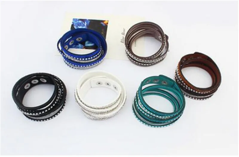 Women Luxury Multilayer Leather Wrap Cuff Punk Crystal Rhinestone Bracelets Bangle Jewelry Rose Black Birthday Valentine Gift | Украшения и