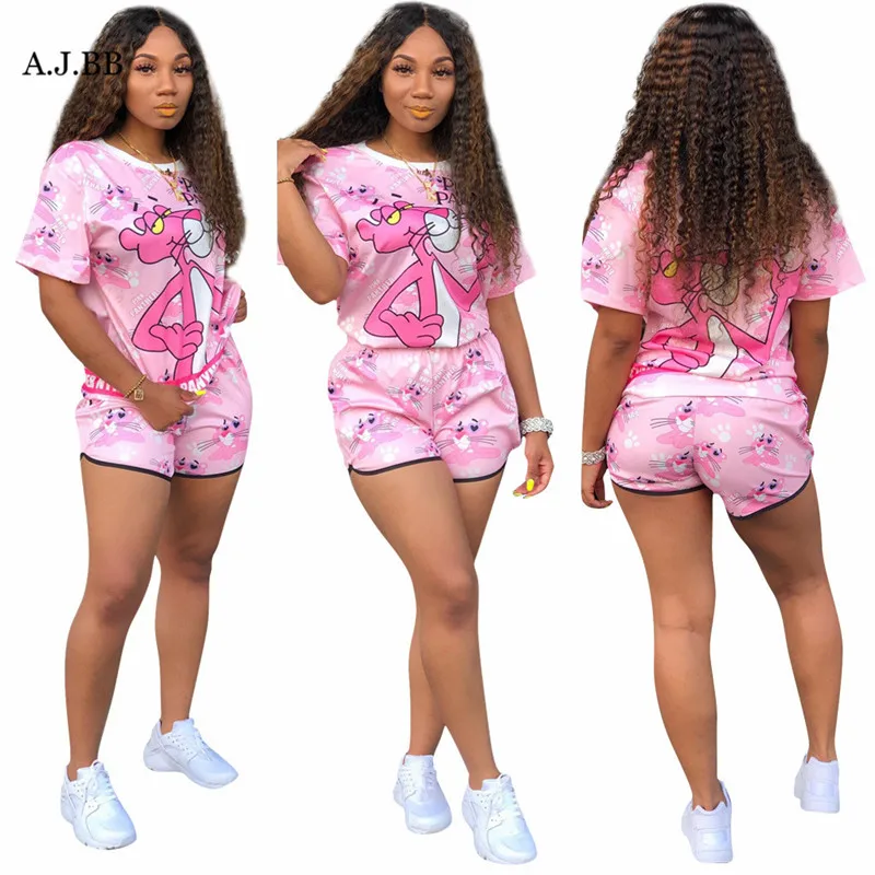 

European summer new leisure cartoon print sport two piece set fashion loose o-neck short sleeve T-shirt and shorts women's set