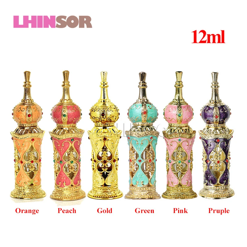 

12ml Arabic Style Building Retro Metal Perfume Bottle Antique Glass Flower Vine Essential Oil Bottles Empty Doterra Containers