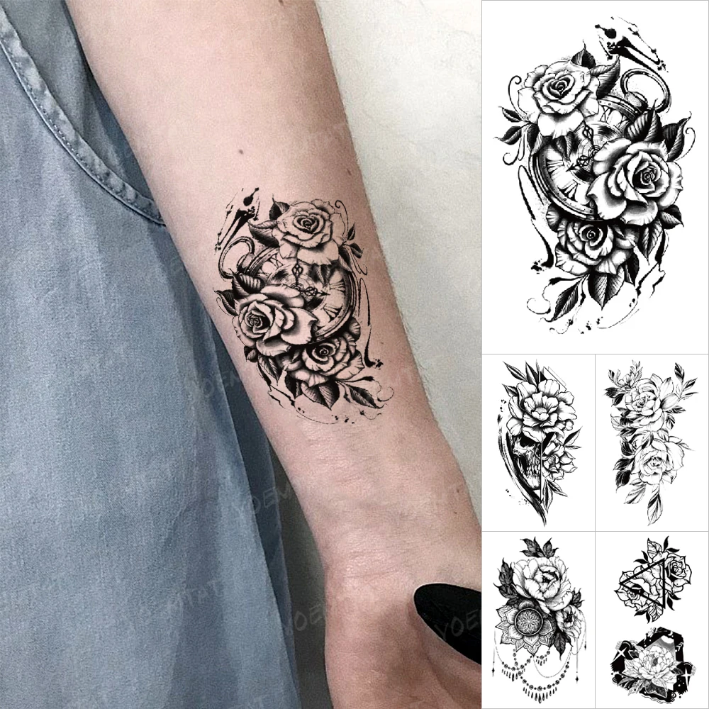 

Transfer Waterproof Temporary Tattoo Sticker Rose Flower Clock Compass Peony Flash Tatoo Women Men Arm Wrist Body Art Fake Tatto