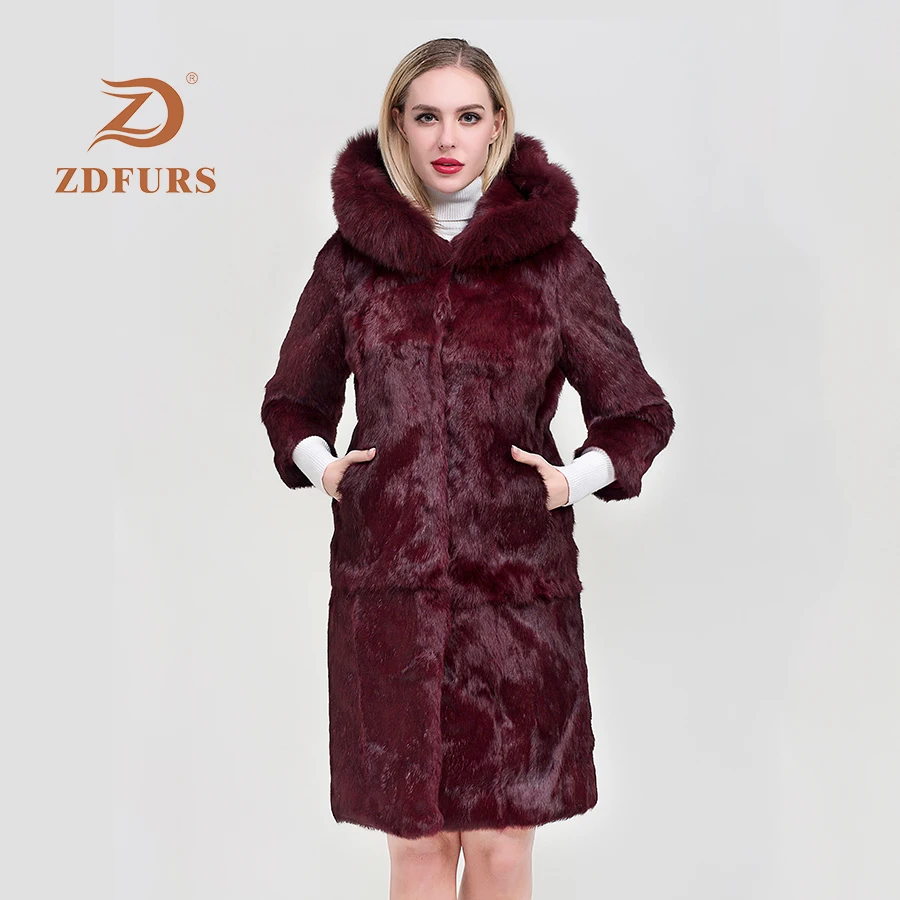 ZDFURS*2019 Fashion real fur coat women full sleeve wave cut genuine rabbit fur warm winter coats and jackets with fox hood