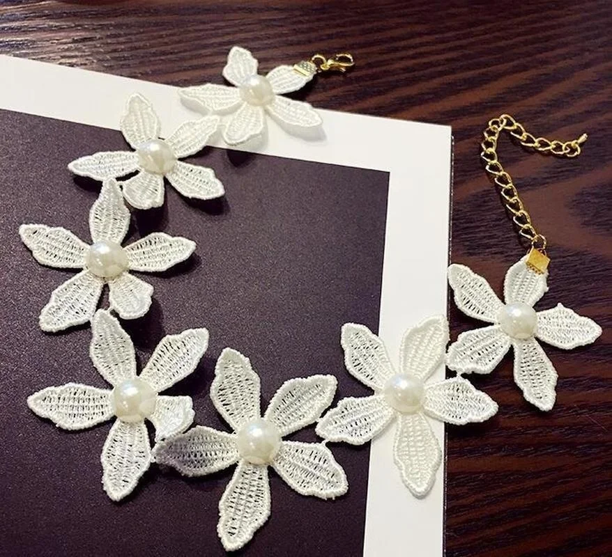Imitation Pearl Stitching Flowers Choker Necklaces Fashion Handmade White Lace Collar Short Necklace | Украшения и аксессуары