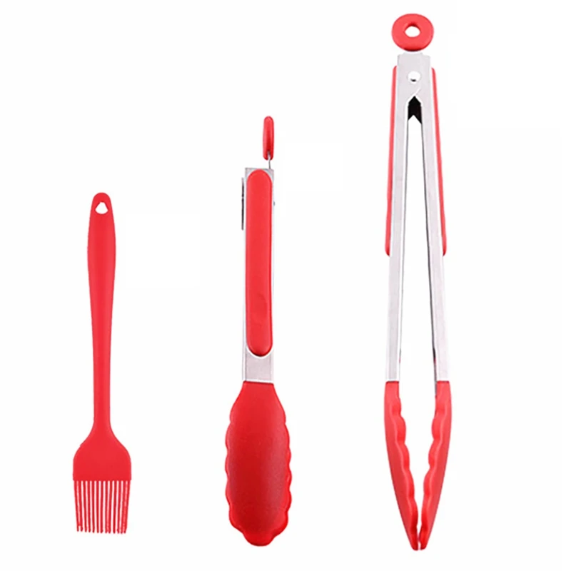 

justdolife 3PCS Silicone Barbecue Tool Set Professional Food Tongs Silicone Basting Brush Stainless Steel Tools Gadgets
