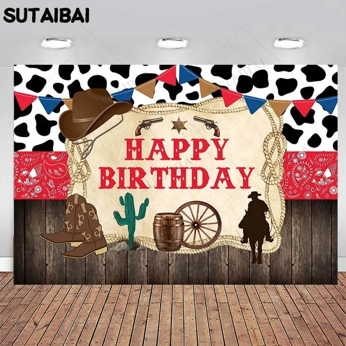 Western Cowboy Theme Backdrops Cows Wooden Board Child Birthday Party Decor Banners Photography Background Photo Studio