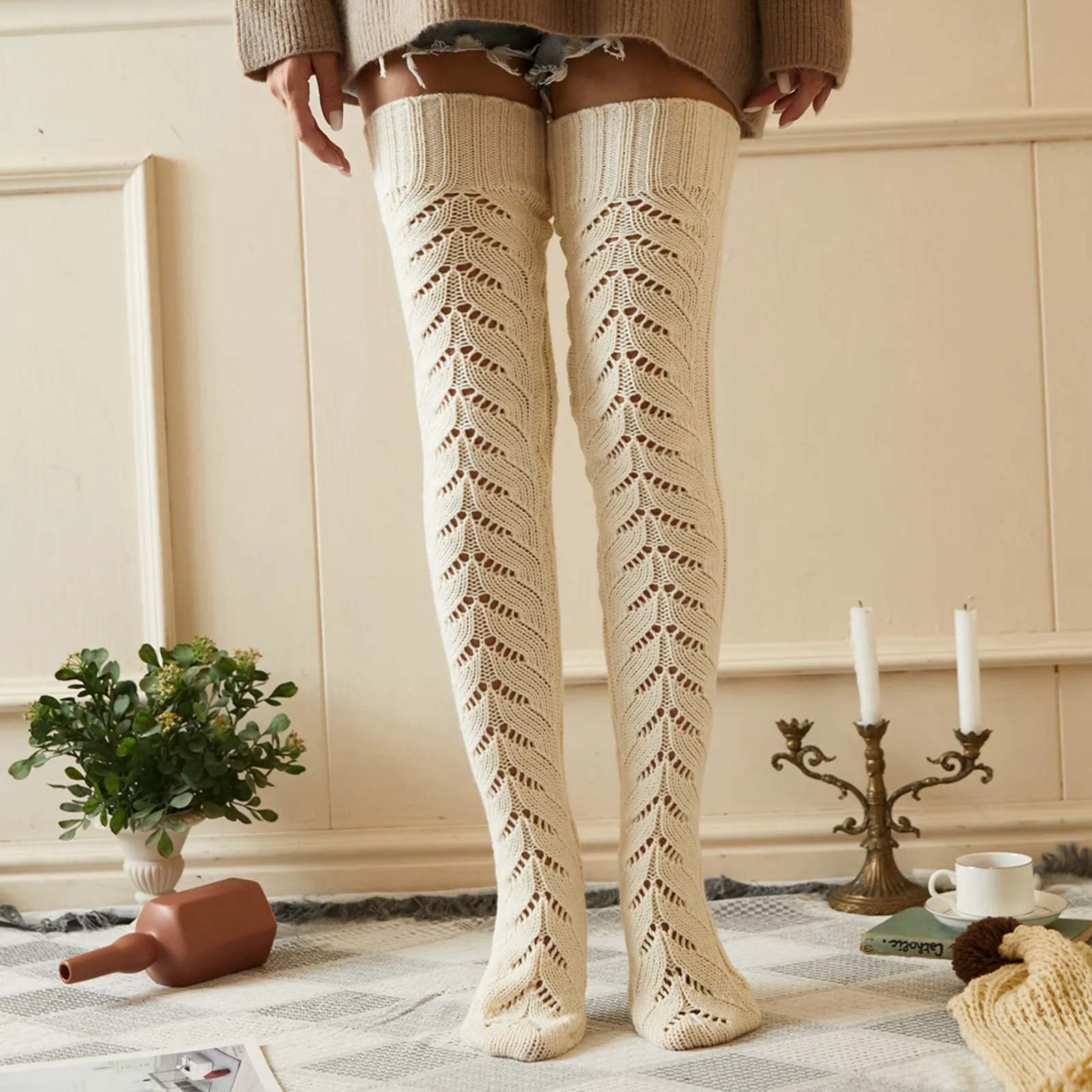 

Women Winter Knit Thigh High Over The Knee Sockings Long Stockings Warmers Double Diamond Leaves Crochet Knitted Wool Socking