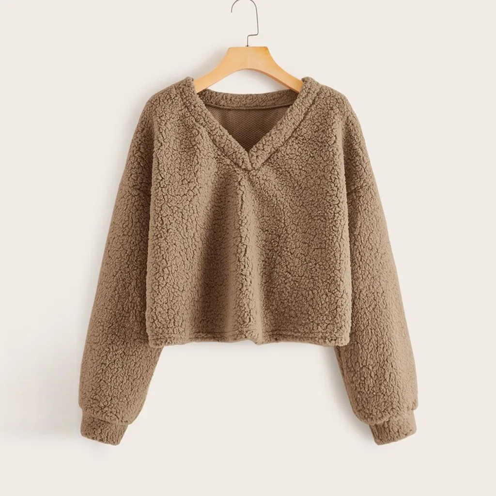 Kawaii moletom feminino sudadera mujer Модный свитшот Женский Повседневный свободный длинный рукав однотонный свитшот с v-образным вырезом