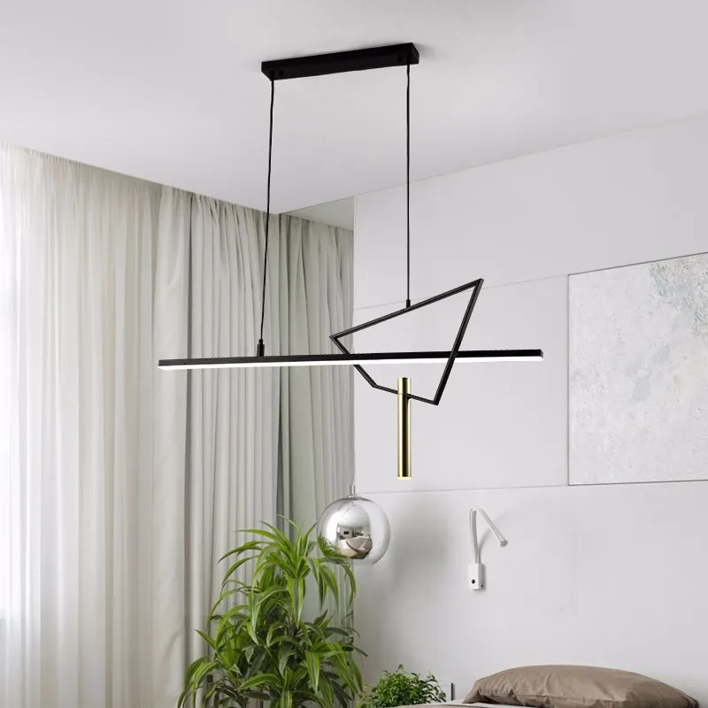 구매 현대 미니멀리스트 샹들리에 블랙 골드 기하학 스트립 호텔 레스토랑 바 스튜디오 전시실 사무실 장식 조명