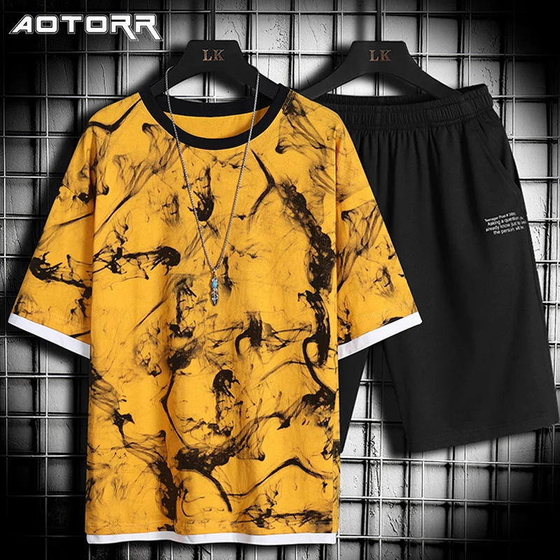 

Костюм мужской Спортивный Повседневный с круглым вырезом, однотонный топ, шорты, комплект из двух предметов, Свободный дышащий пляжный, с ко...