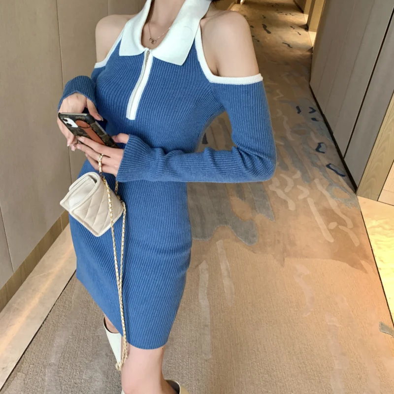 Женское трикотажное мини-платье с открытыми плечами и длинным рукавом | Женская