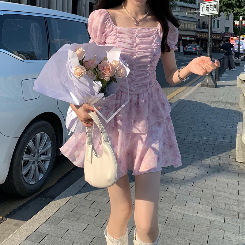 

Puff Sleeve Mini Sexy Party Dress Ruffle Summer Dress Square Neck Elastic Bust Super Chic Women Dress New A722