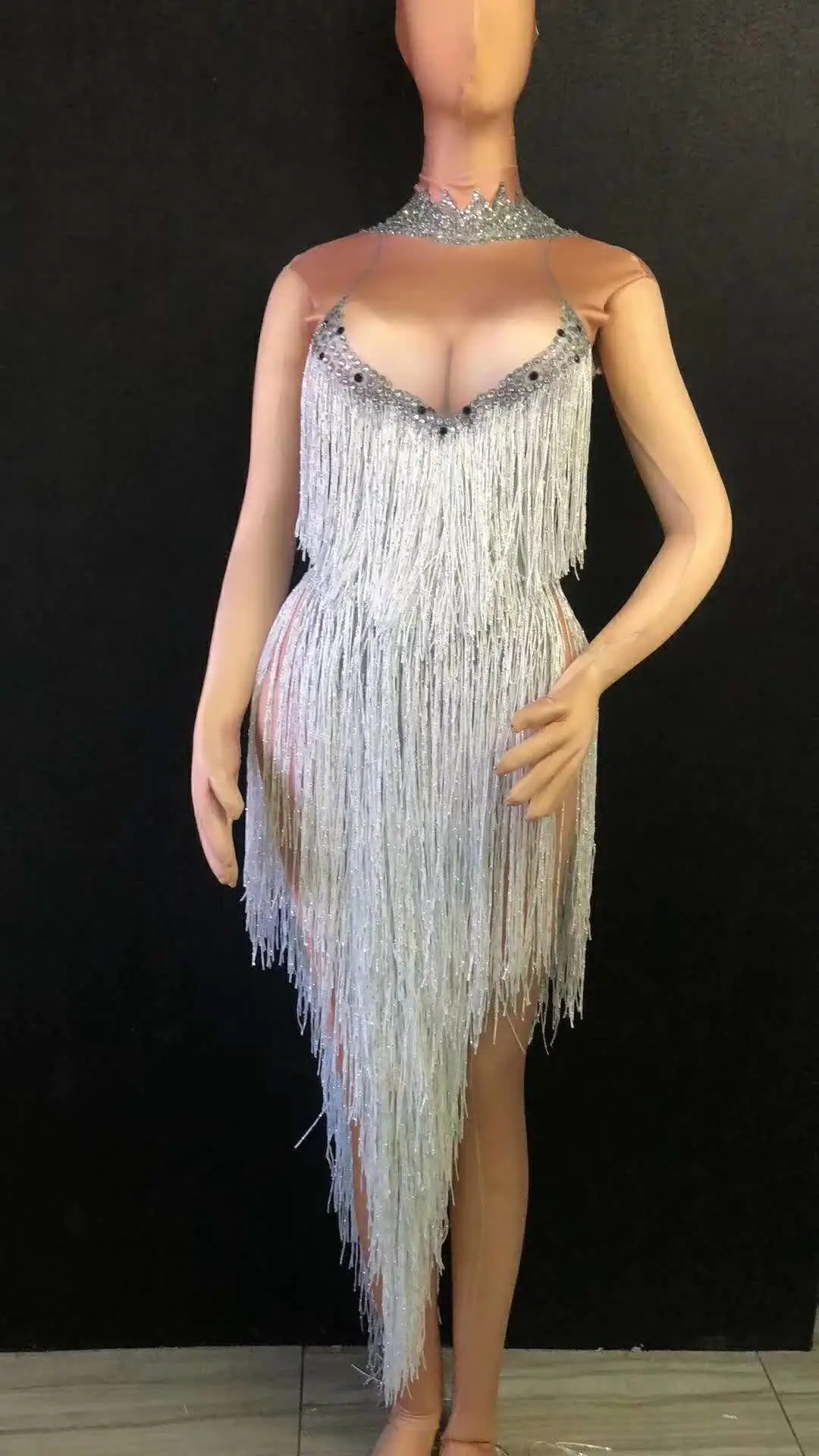

Sparkly Silver Crystal Women Dress Rhinestone Tassel Sexy Elastic Maxi Dress Prom Birthday Celebrate Female Singer Stage Costume