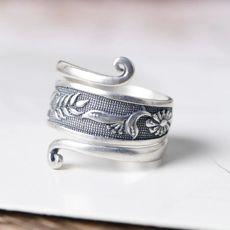 

GAGAFEEL S925 Silver Retro Engraved Flower Finger Ring Fashion Women's Thai Silver Matte Finger Ring Female Silver Jewelry