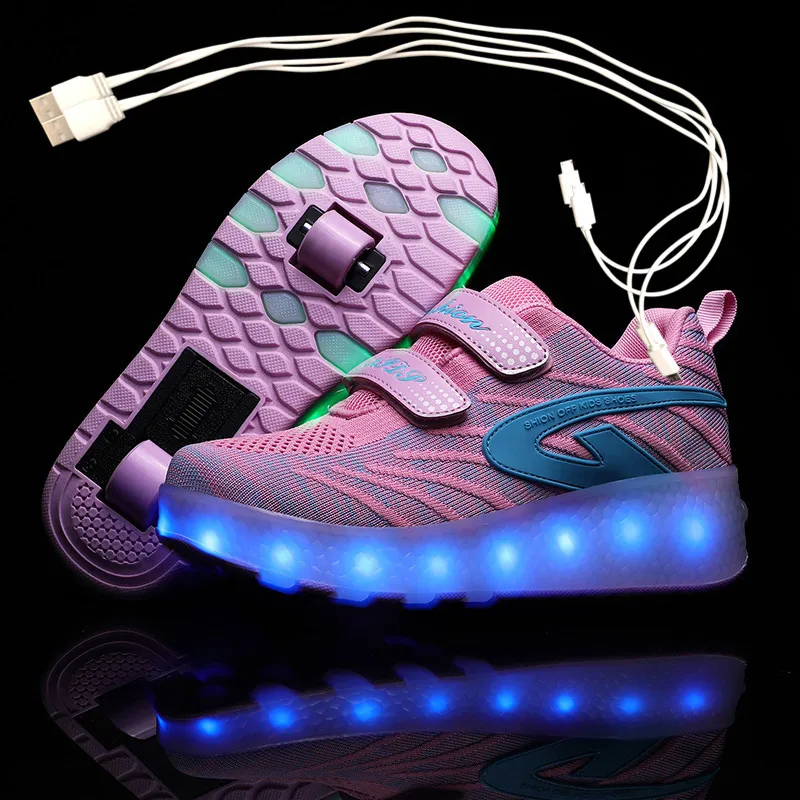 

wheels Black USB Charging Fashion Girls Boys LED Light Roller Skate Shoes For Children Kids Sneakers With Wheels Two wheels