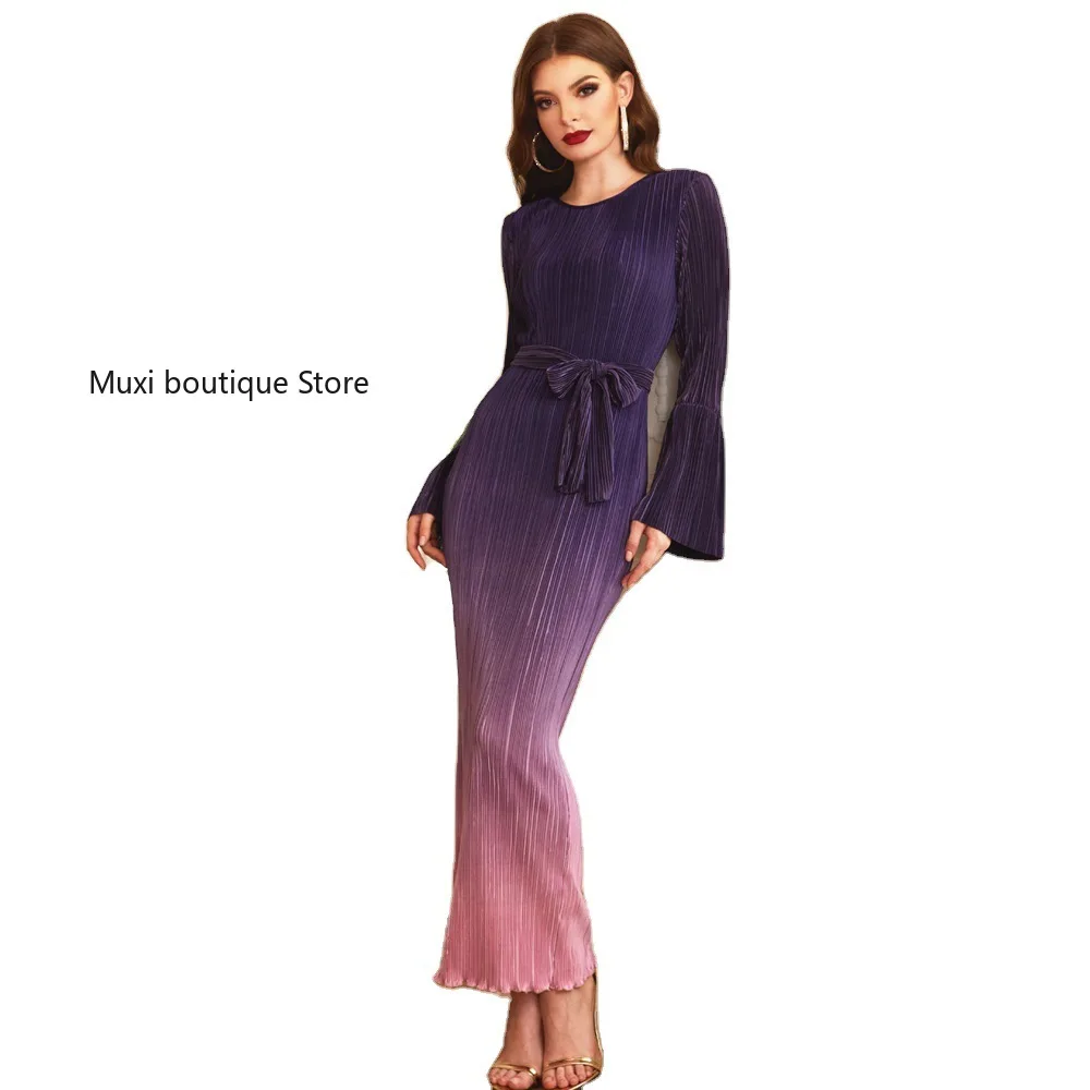 

Muslim women Abaya gradient beauty oversized elastic dress purple gradient bag hip bubble sleeve lotus leaf Muslim Abaya dress