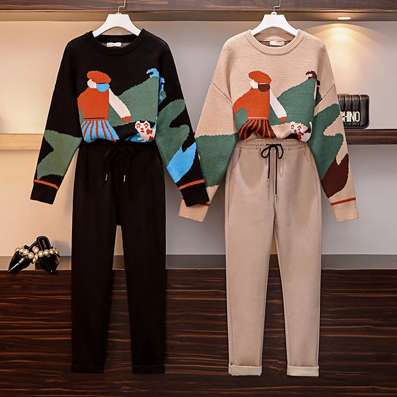 Комплект брюк BornSra Женский вязаный свитер свободного кроя и шерстяные