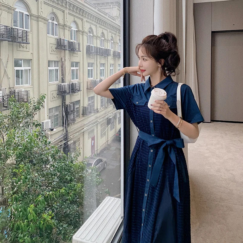 

LANMREM Causal Lace Patchwork Dress Short Sleeve Laple Temperament Loose Fit Fashion Tide Summer 2021 New Arrival 2K1890