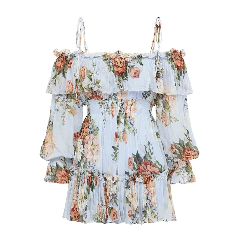 

VGH Vintage Print Playsuit For Women Square Collar Long Sleeve High Waist Loose Lace Up Playsuits Female 2021 Summer Fashion New