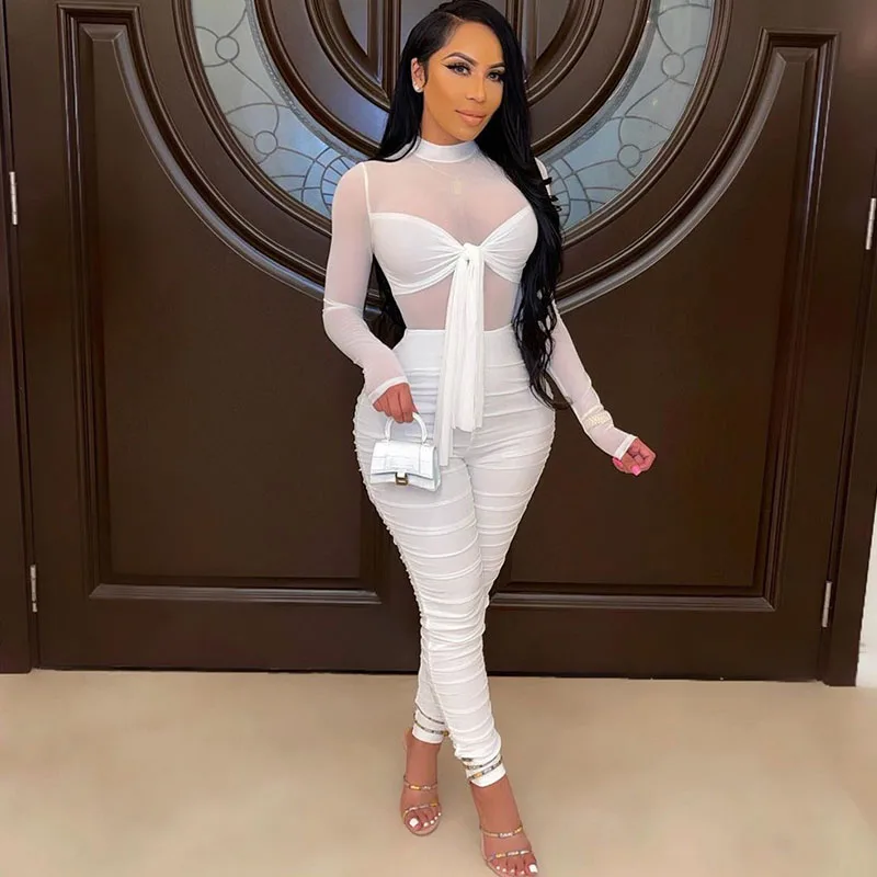 

Women Jumpsuit Long Sleeve Bow Tie Skinny Ruched Sexy Mesh Sheer Bodycon Jumpsuit Elegant Overalls 2021