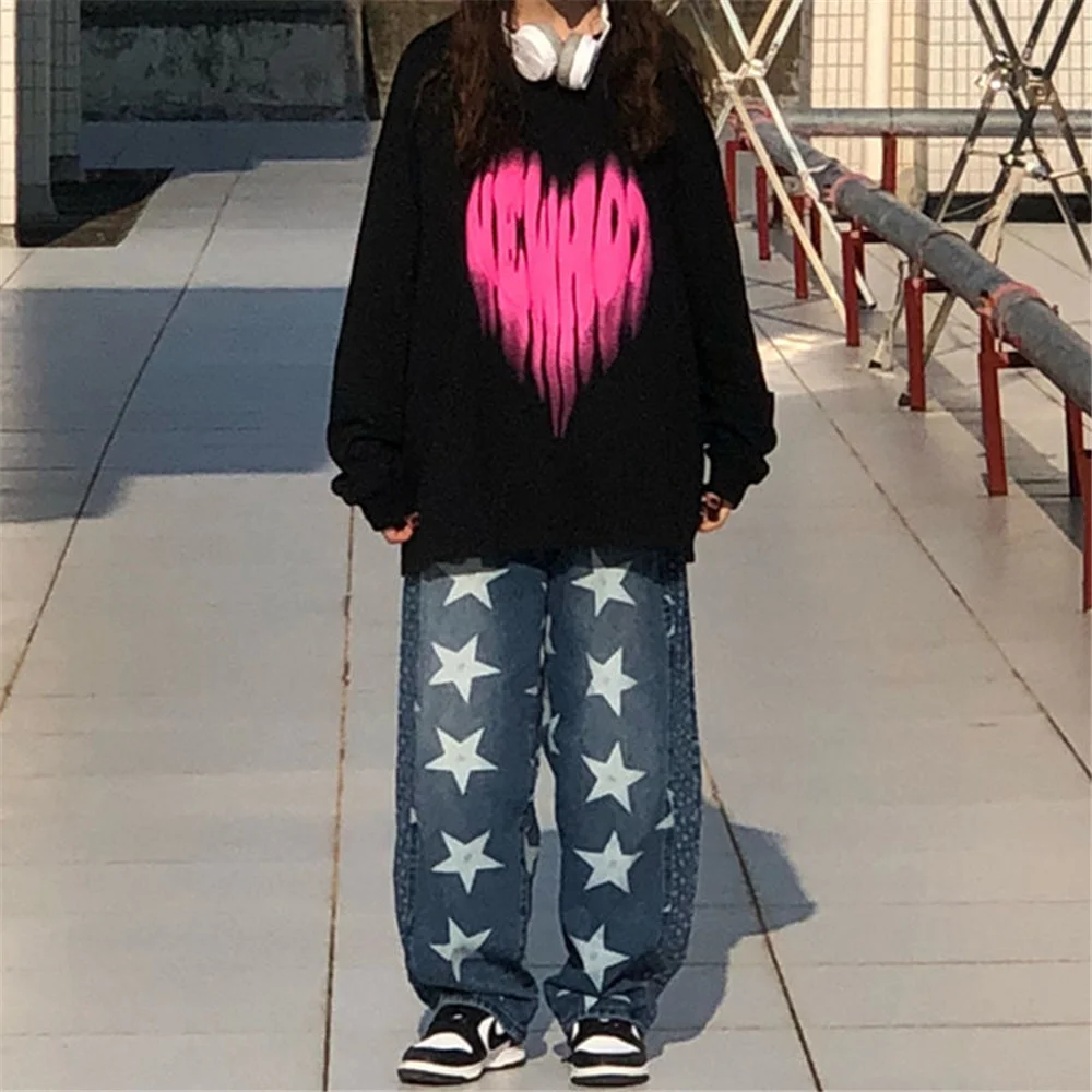 

Cool Patchwork Pants Summer Korean Harajuku Star Print Pants Japan Girl Autumn Trousers Fashion Straight Hip Hop Pants Women