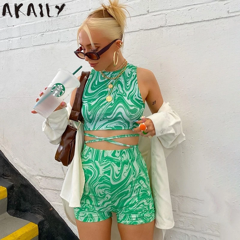 

Комплект из двух предметов Akaily с принтом, женский летний комплект из двух предметов, укороченный топ без рукавов с круглым вырезом и бандажн...