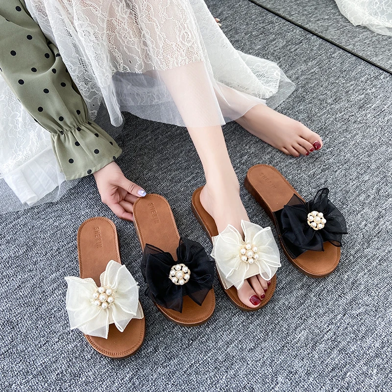 

Butterfly-Knot Flat Shoes Female Rubber Slippers Slipers Women Luxury Slides Flower Low 2021 Beach Designer Soft Casual Basic PU