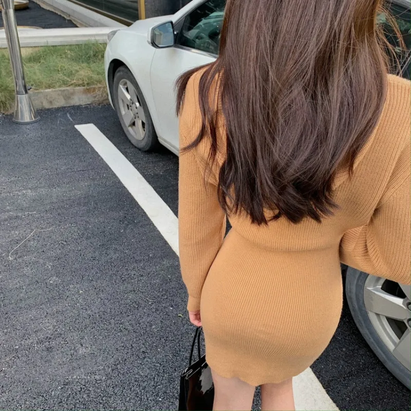 

Mini Sweater Dress Women's Hood Casual Long Sleeve Office Knitted Dress Female Elegant One-piece Dress Korean 2021 Spring Autumn