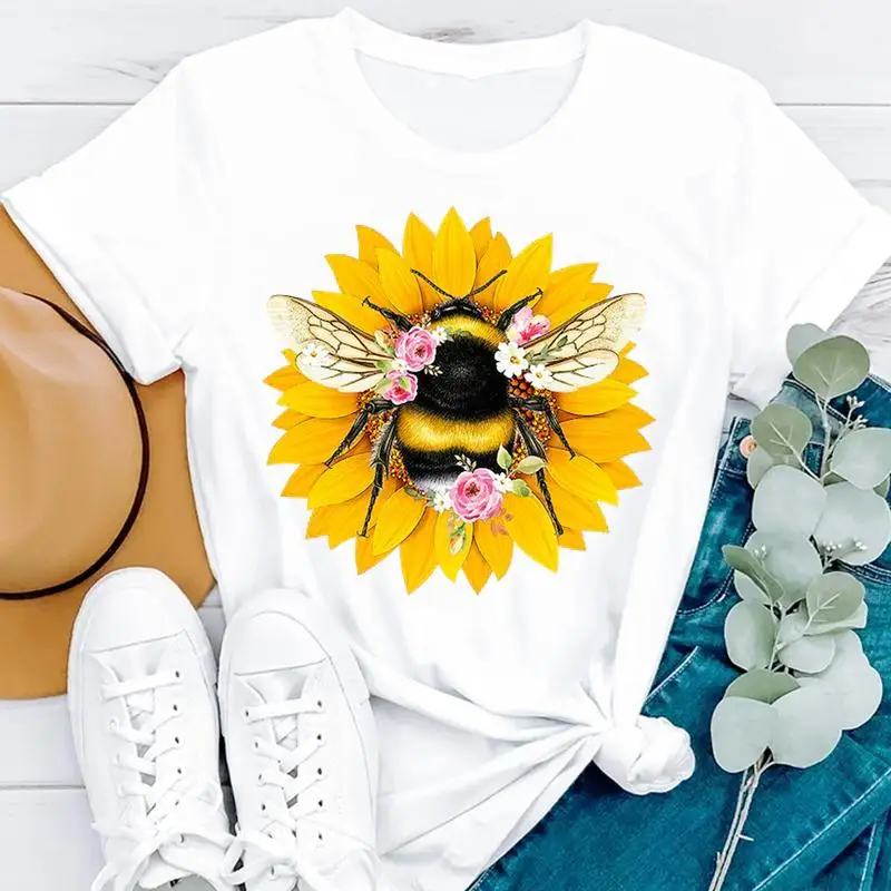 

Women T Tee Fashion Print Bee Floral 90s Trend Lovely Clothes Tshirt Short Sleeve Top Female Graphic O-neck T-shirt