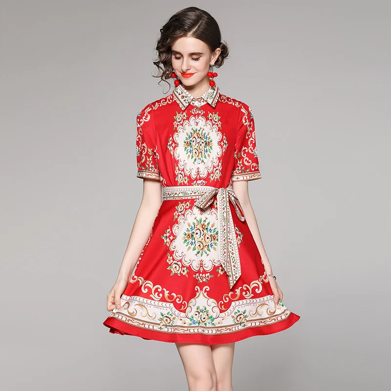 

Женское винтажное платье-рубашка, элегантное праздничное платье-трапеция с отложным воротником и коротким рукавом, лето 2021